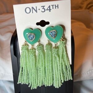 ON 34TH Green, Gold Tone with Blue Crystal Heart Earrings|NWT